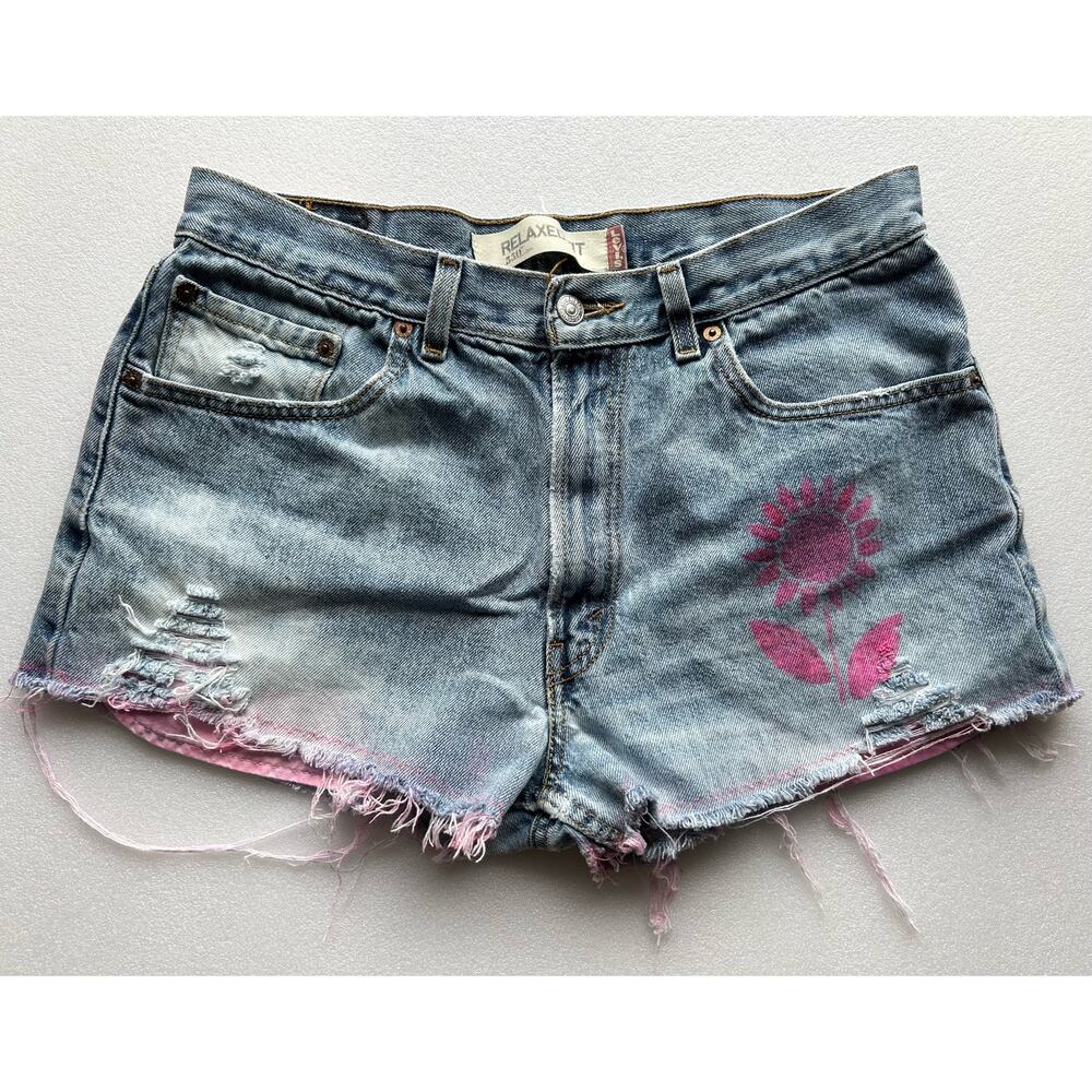 Vintage Levis Reworked Distressed Painted Bleach Dye Cutoff Festival Shorts Sz M - Picture 2 of 15